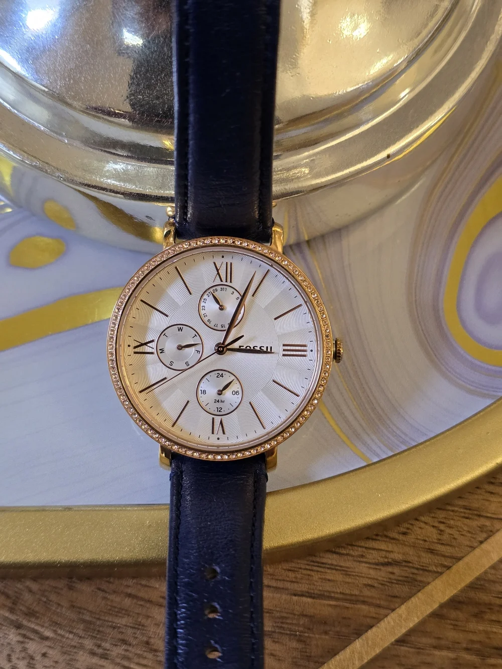 Fossil Gold-Tone Case Watch with White Dial and Black Leather Strap